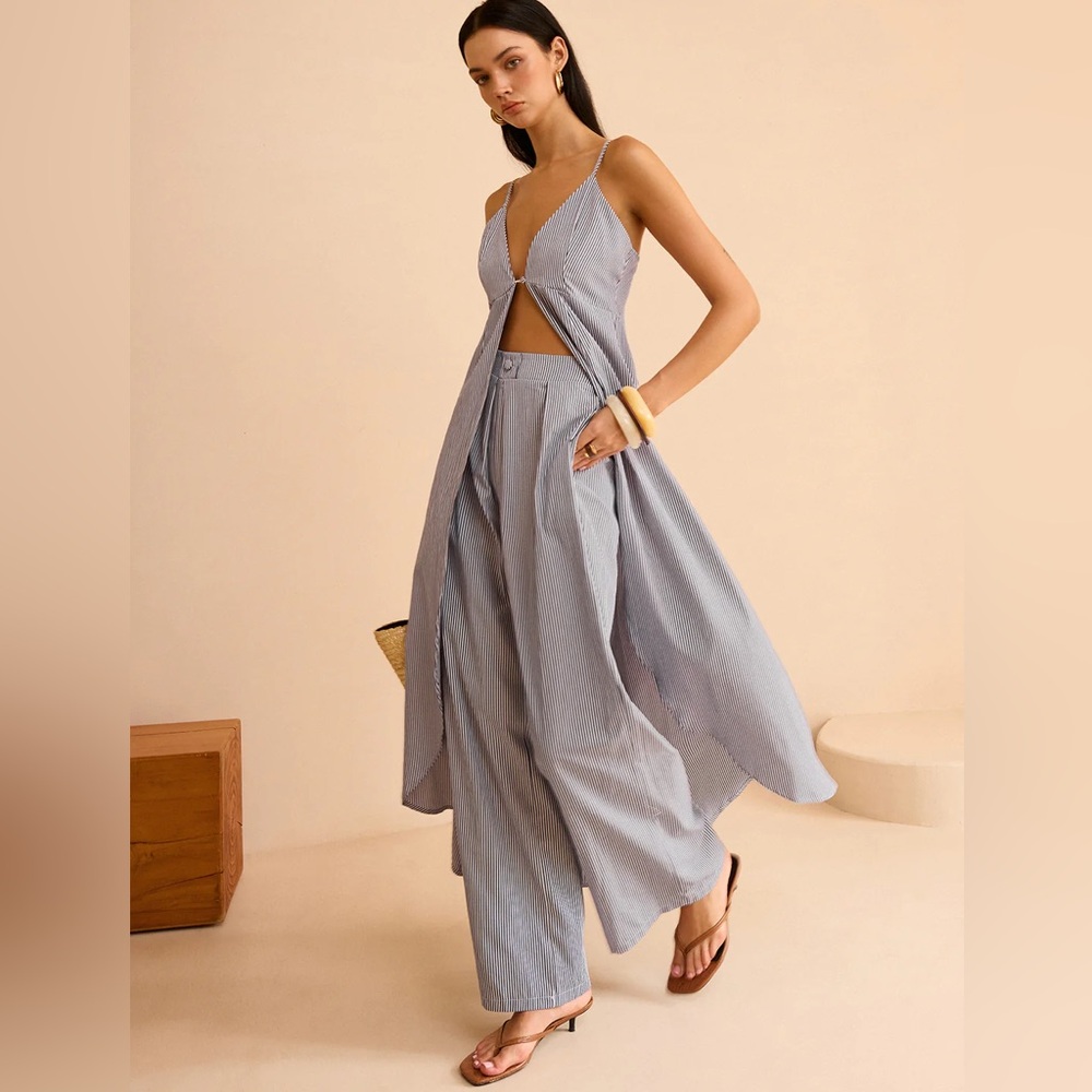 122 Striped Long Cami Top and Wide-Leg Pants Set